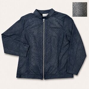 Chicos Metallic Snakeskin Print Moto Café Racer Jacket (2/LG) Navy Full Zip Mod